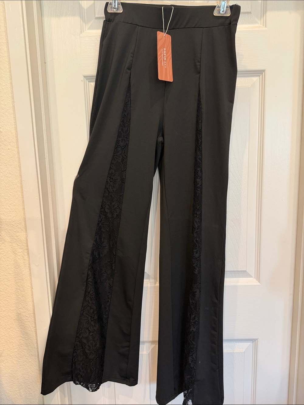 SHEIN Black Lace Panel Flare Pants with Front Lace Inset